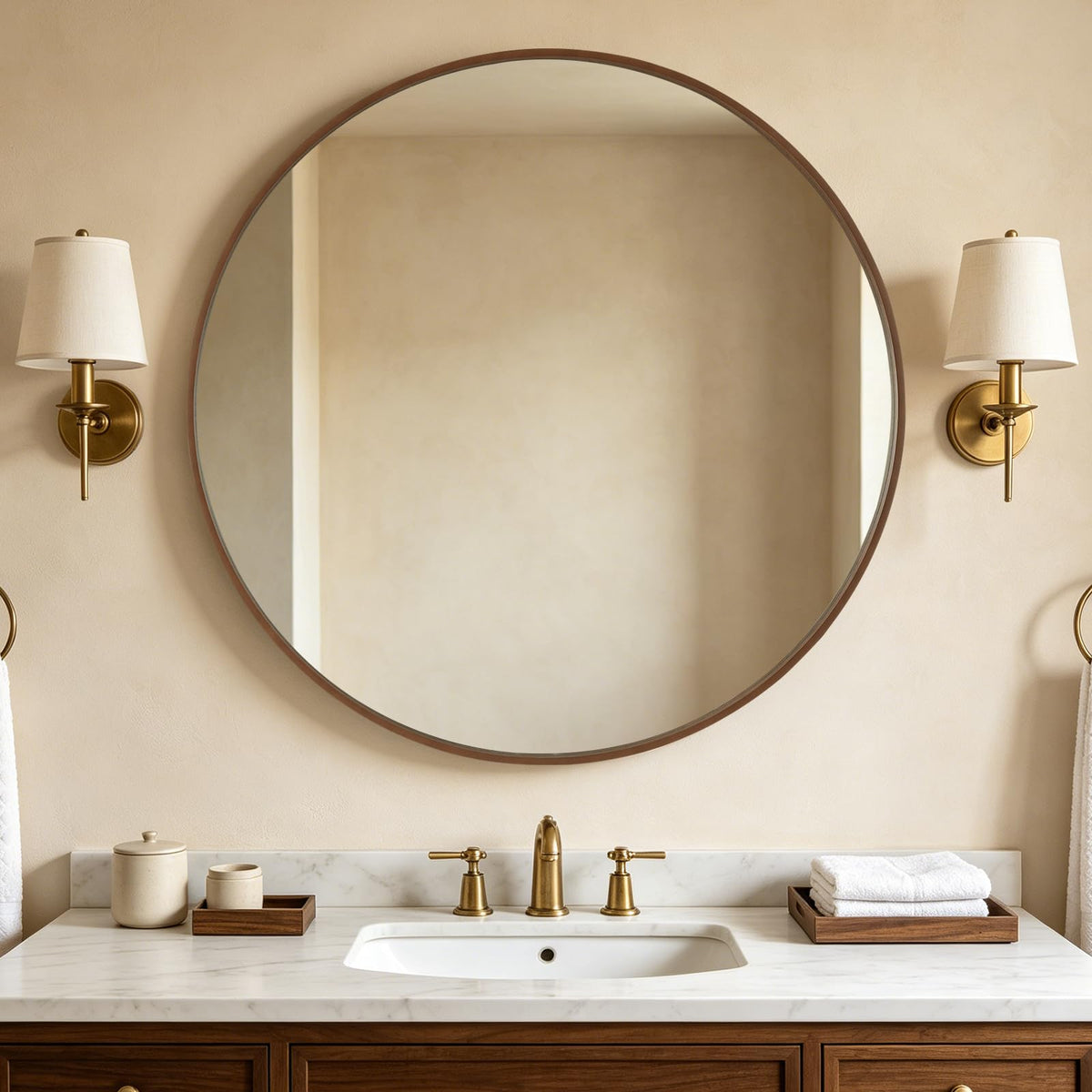 WallBeyond Wood Round Mirror with Wood Frame 24 inch Circle Wall Mirror for Bathroom Round Wall Mirror for Wall Decor, Vanity, Entryway Living Room (Walnut)