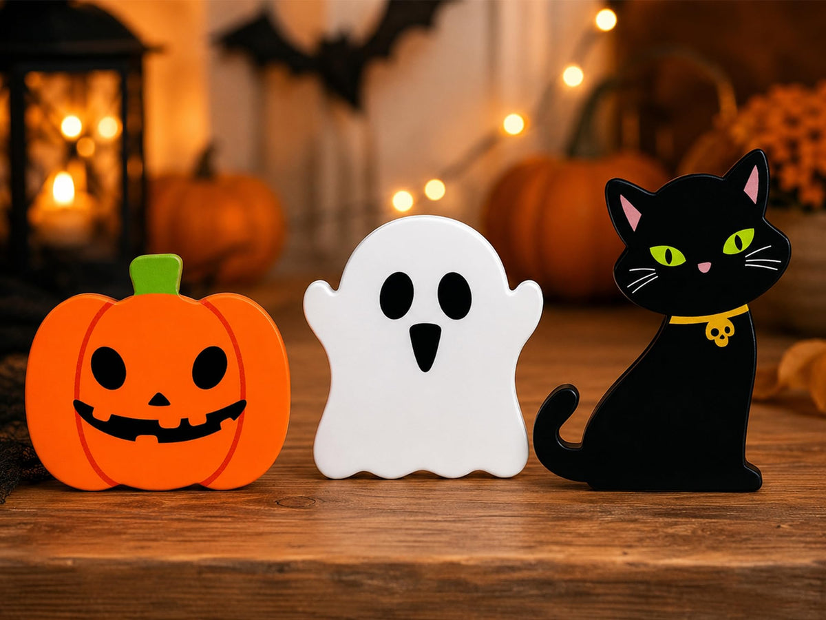Halloween Decorations for Indoor Home 3 Pcs, Cute Wooden Pumpkin Ghost Black Cat Decor for Tabletop Tiered Tray, Halloween Centerpiece Sign for Desk Fireplace Office Shelf Farmhouse Rest Bathroom Dorm