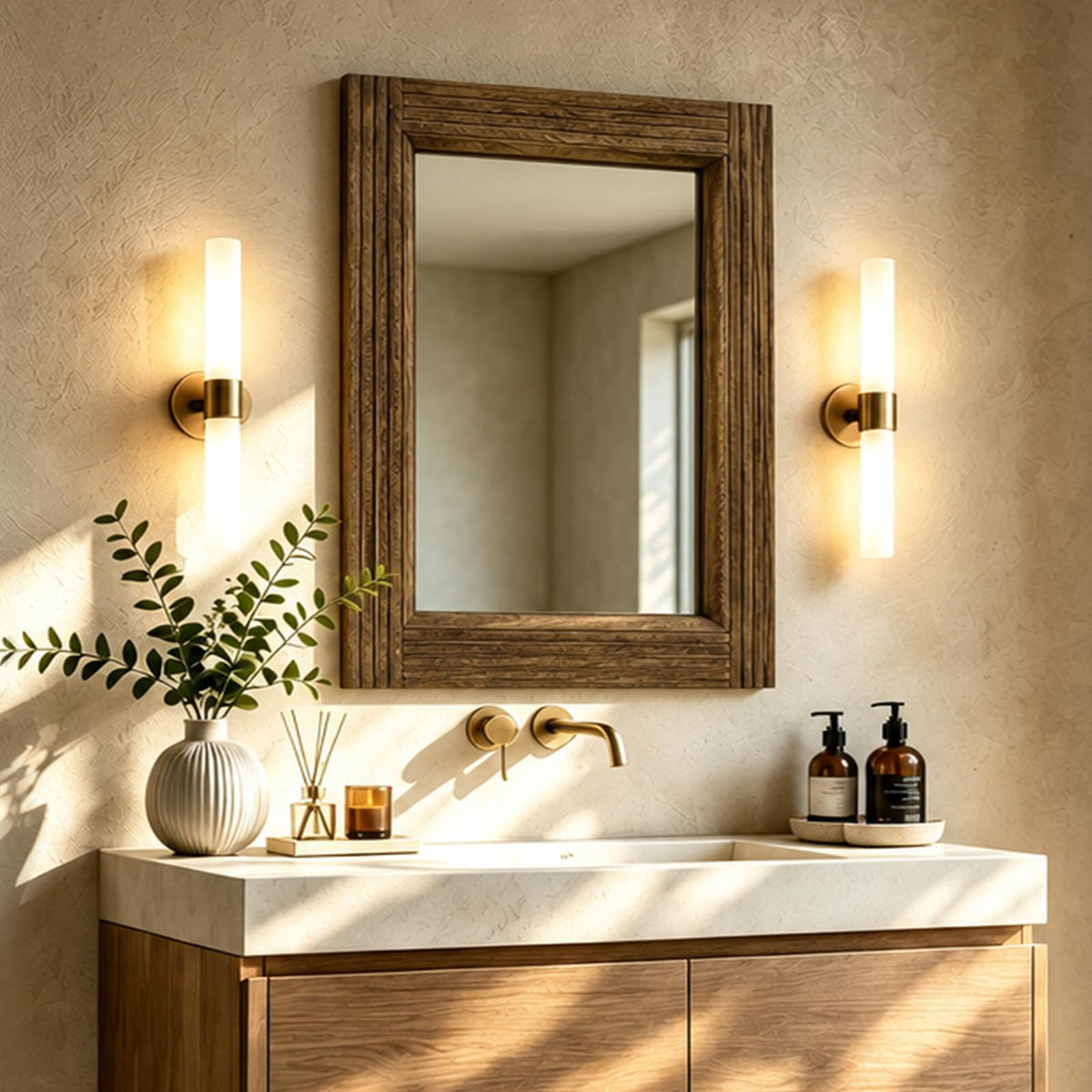 OUZUGIE Squared Arch Bathroom Mirror, Wood Frame, 24 x 36 in, Light Walnut