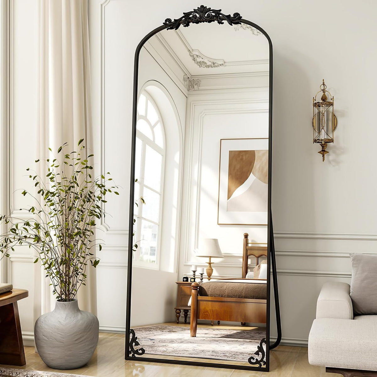 XRAMFY Arched Full Length Mirror, 71'' x 28'' Vintage Full Body Mirror with Carved for Home Decor, Standing Floor Mirror for Wall for Living Room, Bedroom, Cloakroom, Black, Retro Style