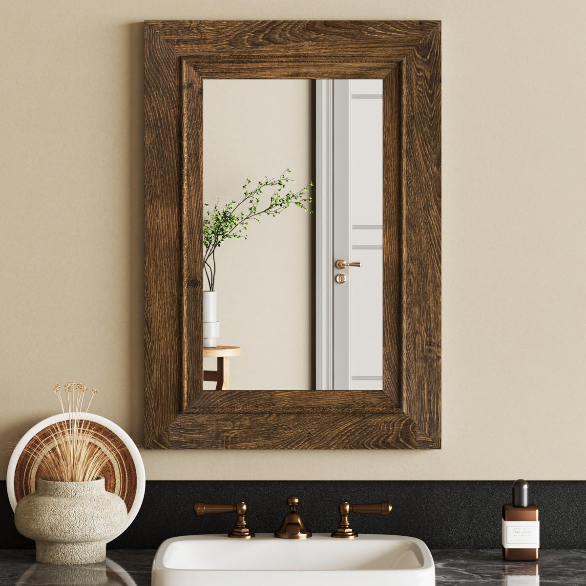Rustic Wall-Mounted Vanity Mirror, Solid Wood Frame Bathroom Mirror, Farmhouse Style for Living Room, Bedroom, Entryway, Horizontal/Vertical Hanging