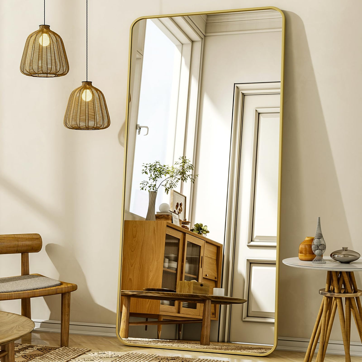 XRAMFY 76"x34" Floor Full Length Mirror Standing Full Body Rounded Corner Rectangle Mirrors with Stand Hanging Wall Mounted Leaning Bedroom Living Room Bedroom Cloakroom,Black