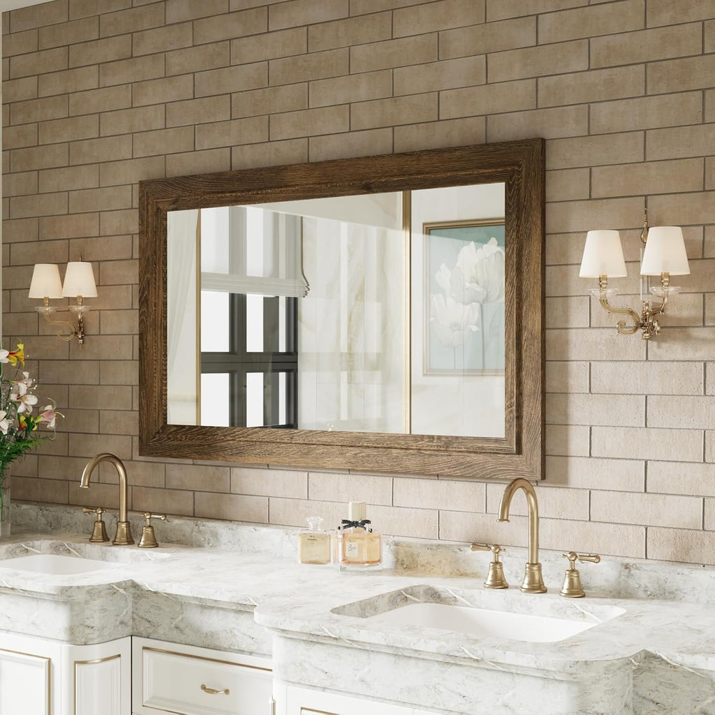 Rustic Wall-Mounted Vanity Mirror, Solid Wood Frame Bathroom Mirror, Farmhouse Style for Living Room, Bedroom, Entryway, Horizontal/Vertical Hanging