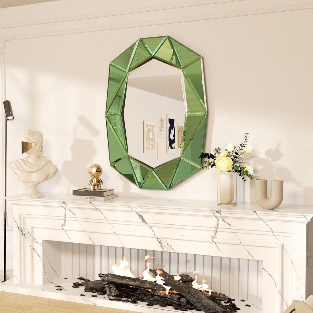 Oval Diamond-Shape Wall Mirror: Green Mirror Frame 39.4x27.5 inch
