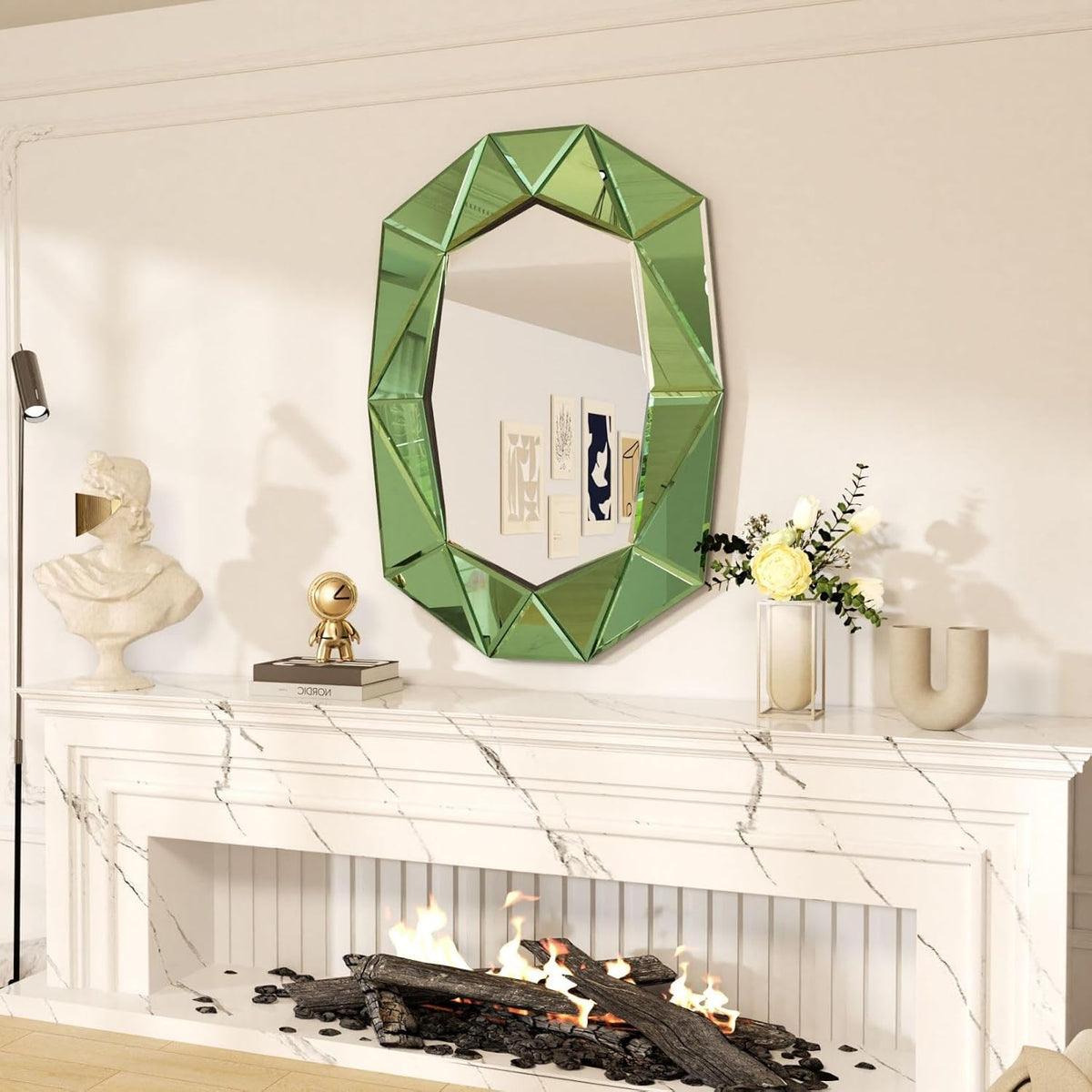 Oval Diamond-Shape Wall Mirror: Green Mirror Frame 39.4x27.5 inch