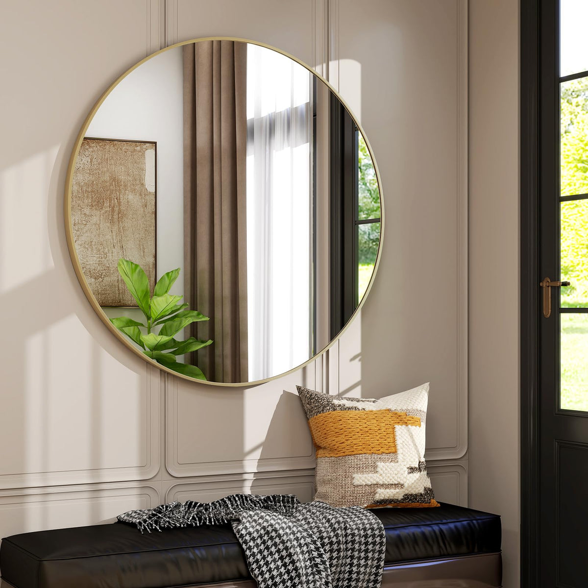 42 Inch Round Bathroom Mirror - Black Wall Mounted Circle Mirror with Metal Frame, Modern Round Hanging Mirror Suitable for Bathroom, Vanity, Entryway, Living Room