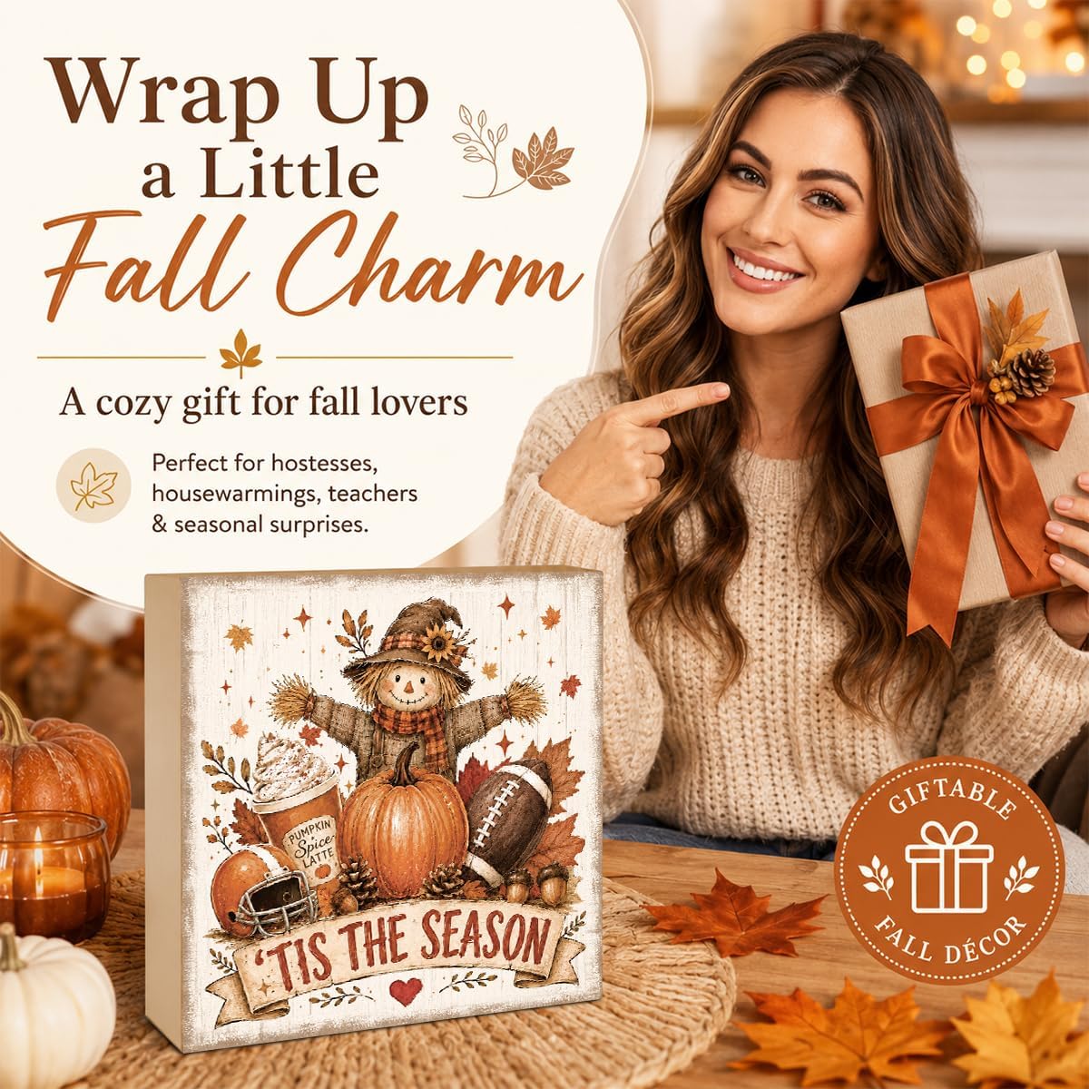 Fall Decorations for Home Football Pumpkin Wood Sign Fall Wall Shelf Decor
