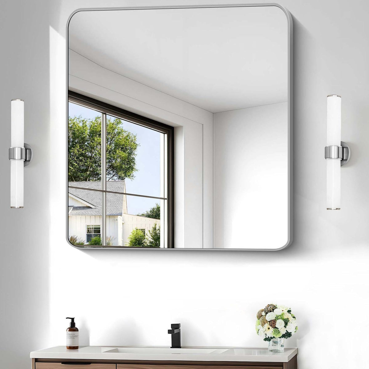 Black Bathroom Mirror, 28x42 inch Aluminum Metal Frame Rectangular Vanity Mirror, Wall Mounted Rectangle Mirrors with Rounded Corner for Bedroom Living Room Hangs Horizontal Or Vertical