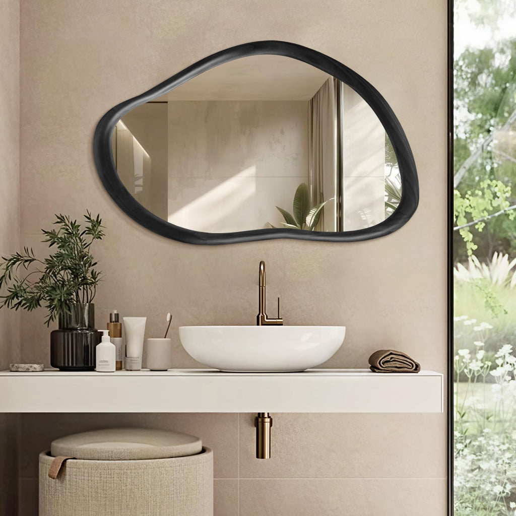 35"x24" Irregular Wall Mirror, Dark Walnut Wood Bathroom Mirror