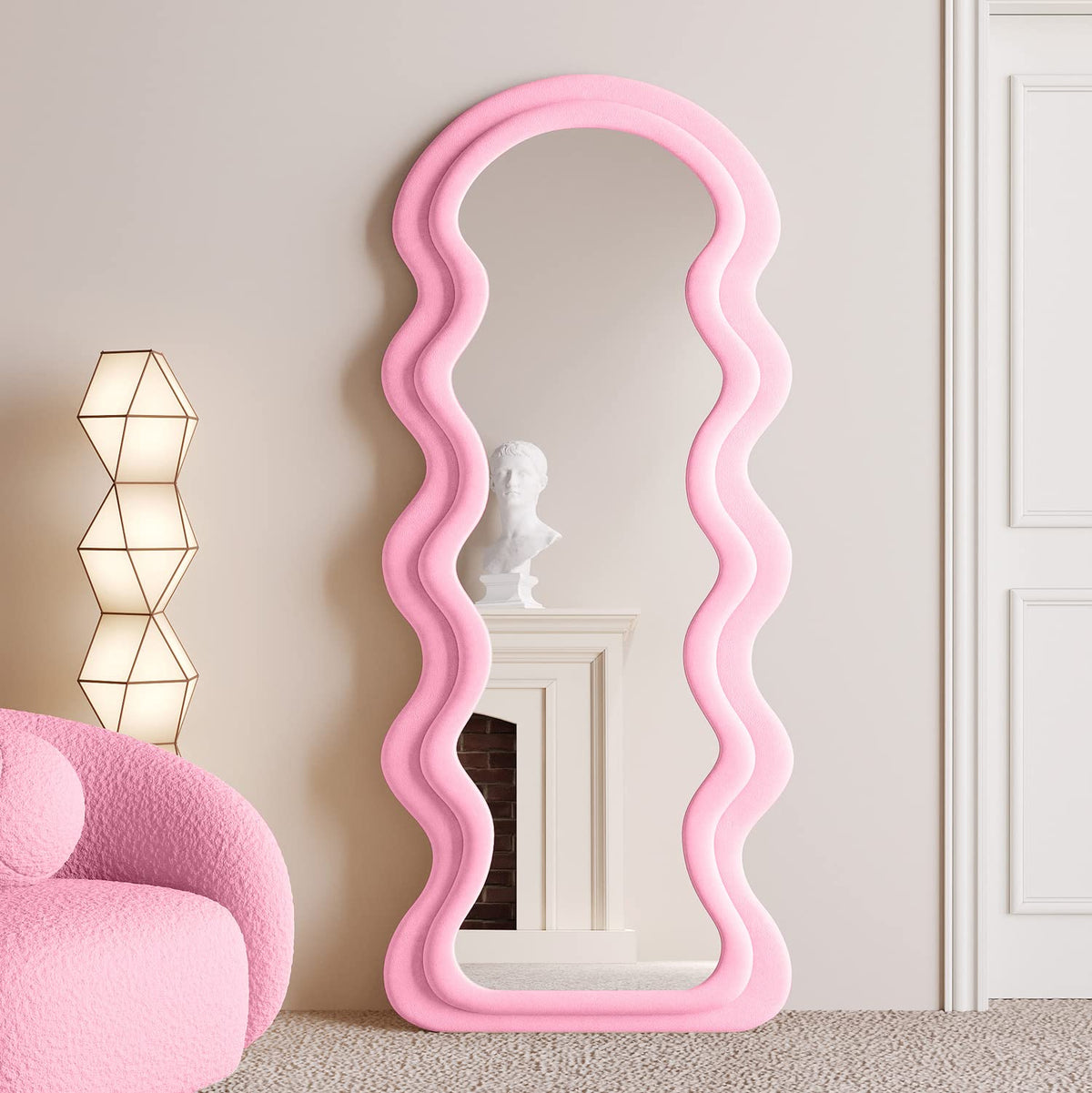 BOJOY Full Length Mirror 63"x24", Irregular Wavy Mirror, Wave Arched Floor Mirror, Wall Mirror Standing Hanging or Leaning Against Wall for Bedroom, Flannel Wrapped Wooden Frame, Milk Tea Color