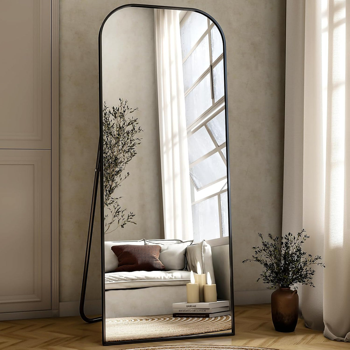 56x21 Inch Full Length Mirror - Large Floor Standing & Wall Mountable Full Body Mirror with Sturdy Aluminum Frame, Arched Top Design, Freestanding or Hanging for Bedroom, Living Room, Cloakroom,Black