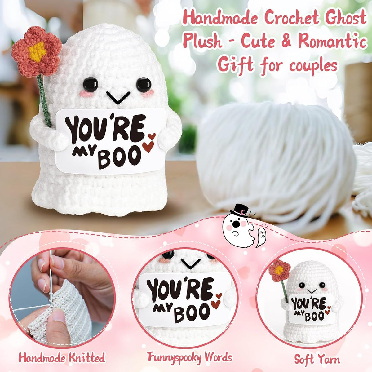 You're My Boo Crochet Ghost - Anniversary Love Birthday Gifts for Women Men Her Him Boyfriend Girlfriend, Fathers Day Card for Husband from Wife - Holiday Stuffers for Halloween Valentine Christmas