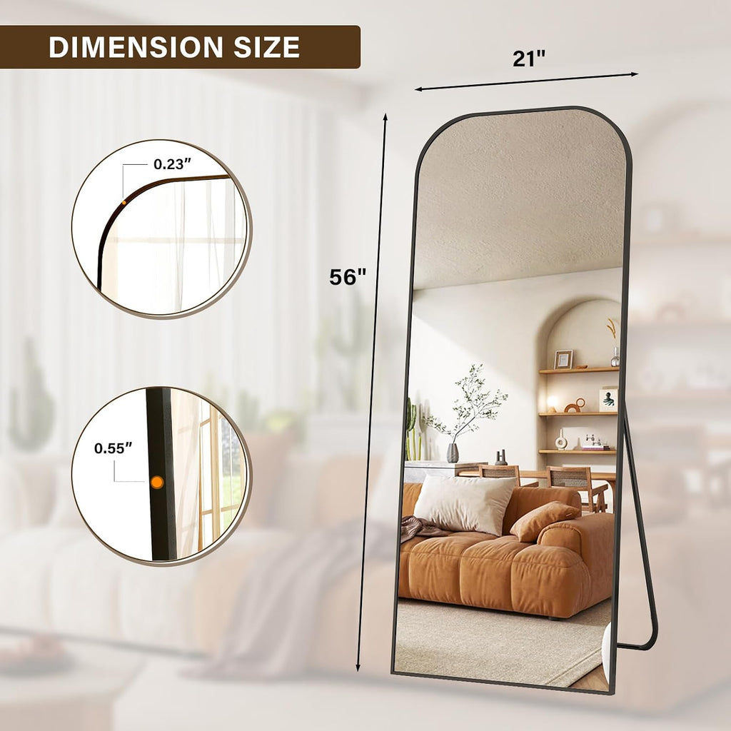 56x21 Inch Full Length Mirror - Large Floor Standing & Wall Mountable Full Body Mirror with Sturdy Aluminum Frame, Arched Top Design, Freestanding or Hanging for Bedroom, Living Room, Cloakroom,Black