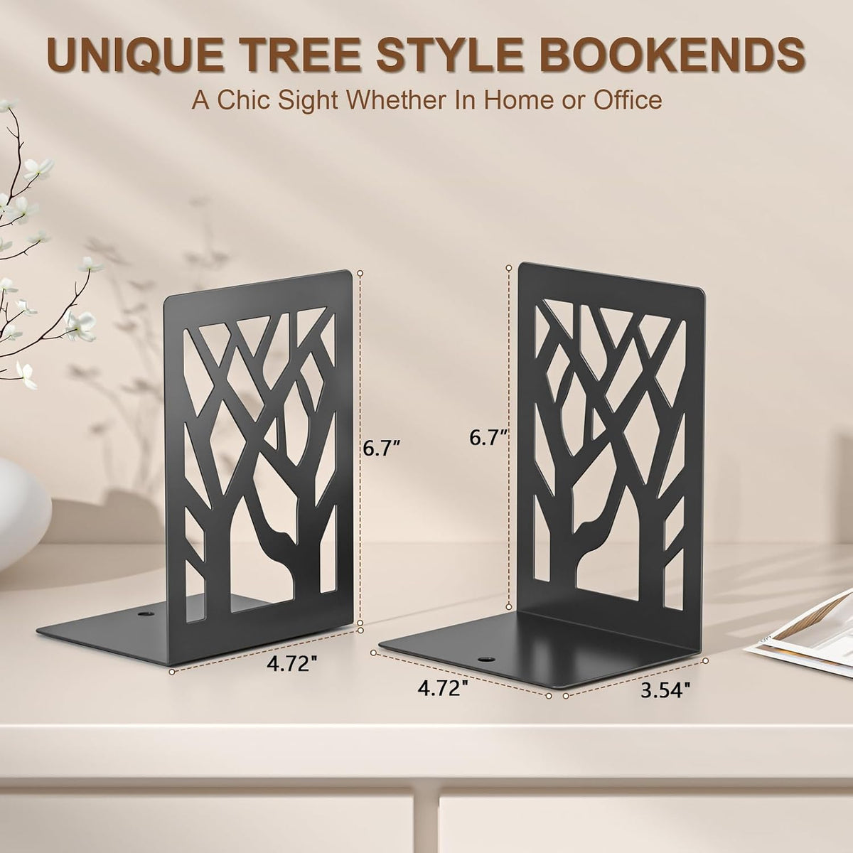 VFINE 4-Piece Modern Metal Bookends for Shelves, Black Tree Book Ends for Books, Decorative Book Organizer for Desk, Non-Skid Shelve Bookends for Home Office