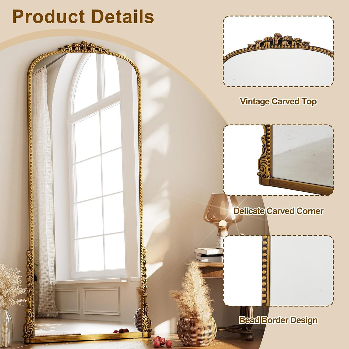 Easly Arched Full Length Mirror, 32'' x 71'' Gold Floor Body Mirror with Stand, Vintaged Elegant Carved Frame Mirror Full Length for Wall Decor, Living Room, Bedroom, Cloakroom, Entryway