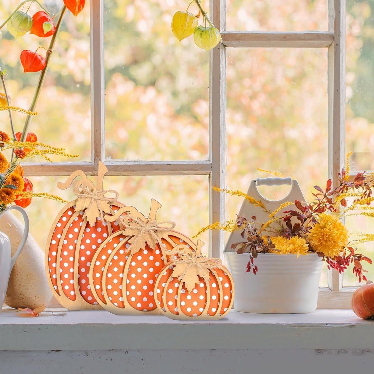 OLANRUN Fall Pumpkin Decor, Thanksgiving Fall Decorations for Home, Wooden Pumpkin Autumn Decor, 3 PCS Handmade Crafts, Thanksgiving Decorations for Indoor, Home Table Tiered Tray Mantel (4-8 Inch)
