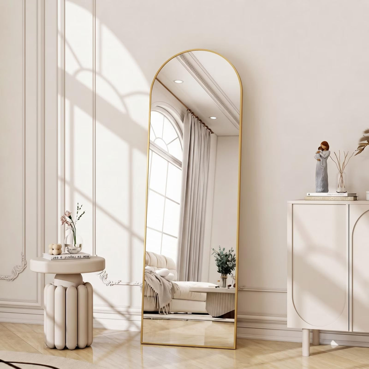 Arched Full Length Floor Mirror with Gold Aluminum Frame, 56"x15"