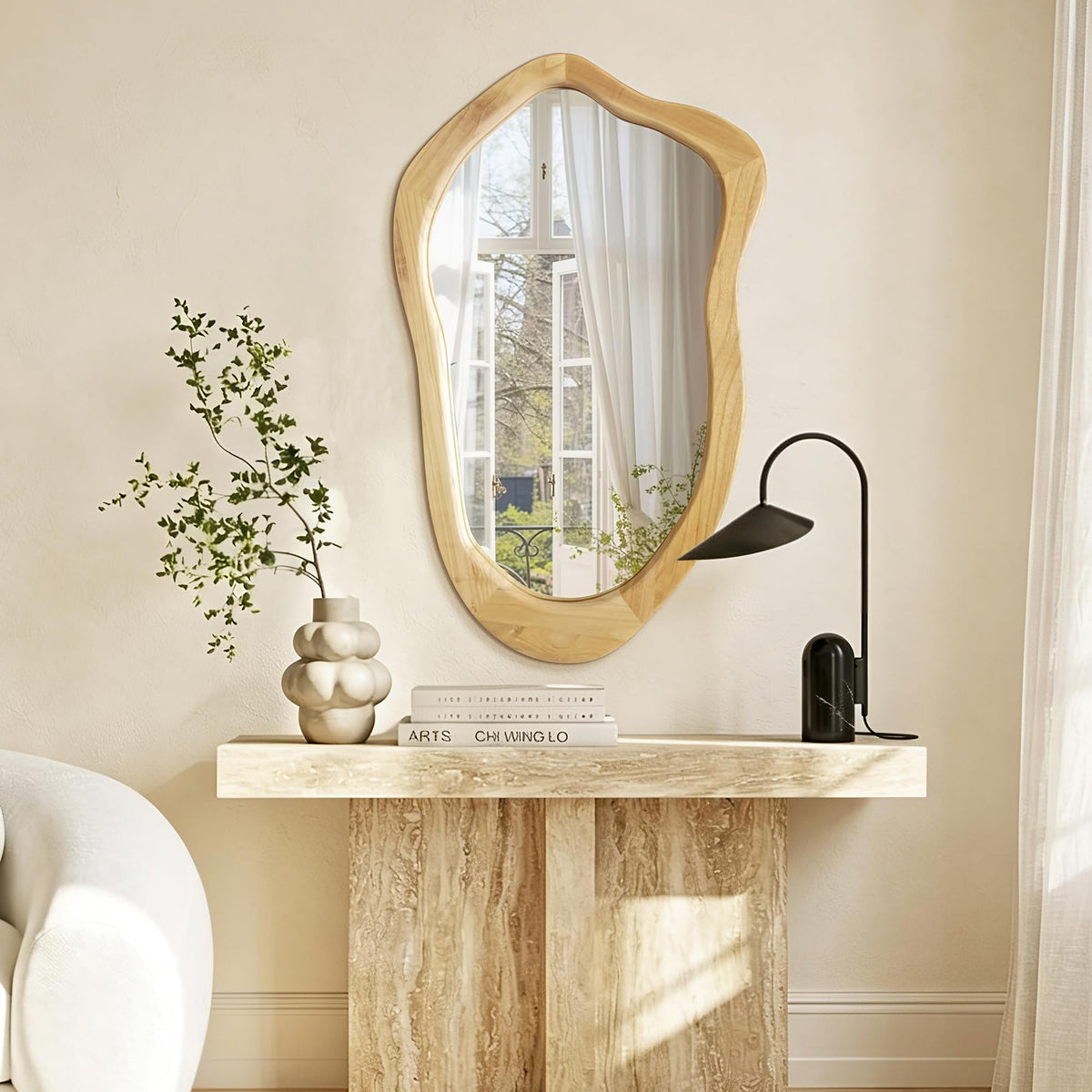35"x24" Irregular Wall Mirror, Dark Walnut Wood Bathroom Mirror