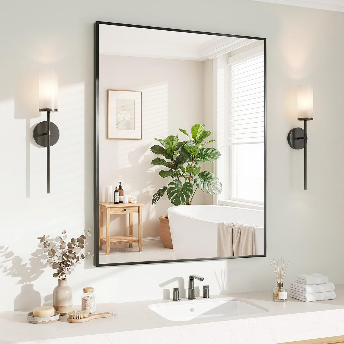 Koonmi Black Mirrors for Wall, 30x40 Inch Bathroom Mirror, Rectangular Wall Mirror for Living Room Bedroom Bathroom, Hangs Horizontally or Vertically