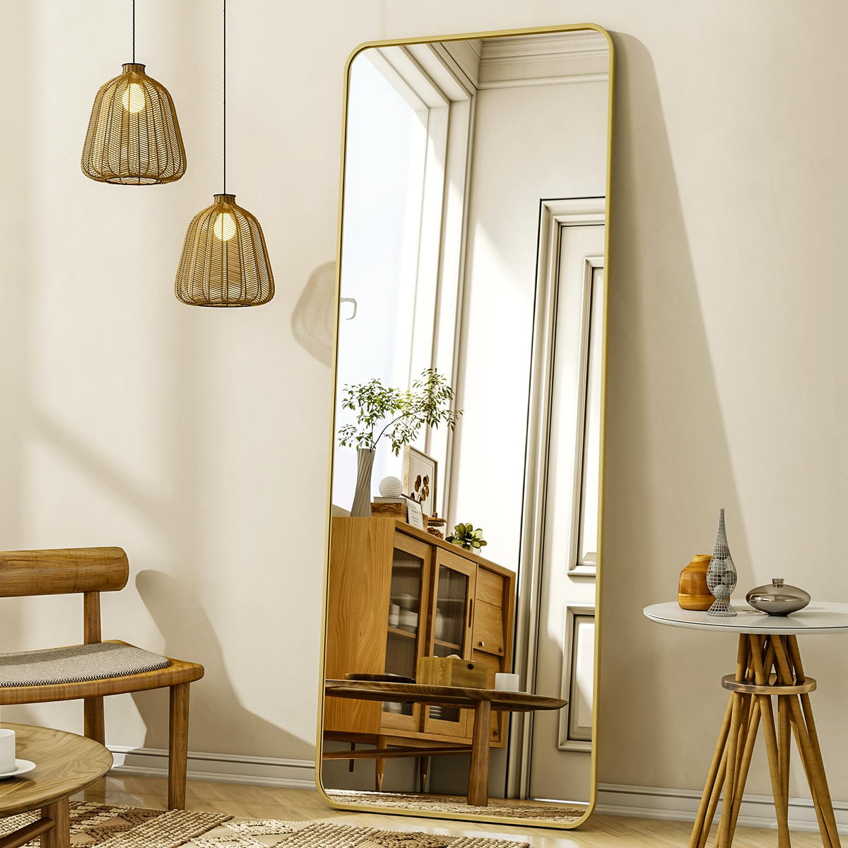 XRAMFY 76"x34" Floor Full Length Mirror Standing Full Body Rounded Corner Rectangle Mirrors with Stand Hanging Wall Mounted Leaning Bedroom Living Room Bedroom Cloakroom,Black