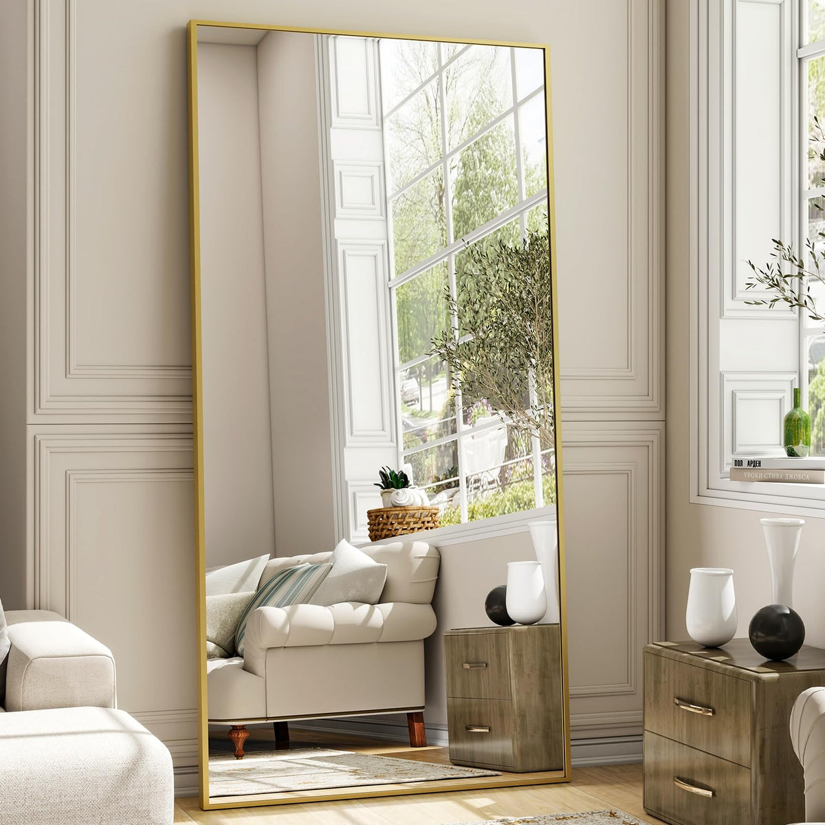 Easly 34"x76" Full Length Mirror with Stand, Large Rectangular Floor Mirror for Bedroom, Living Room or Closet, Wall-Mounted or Freestanding, Black Aluminum Alloy Frame
