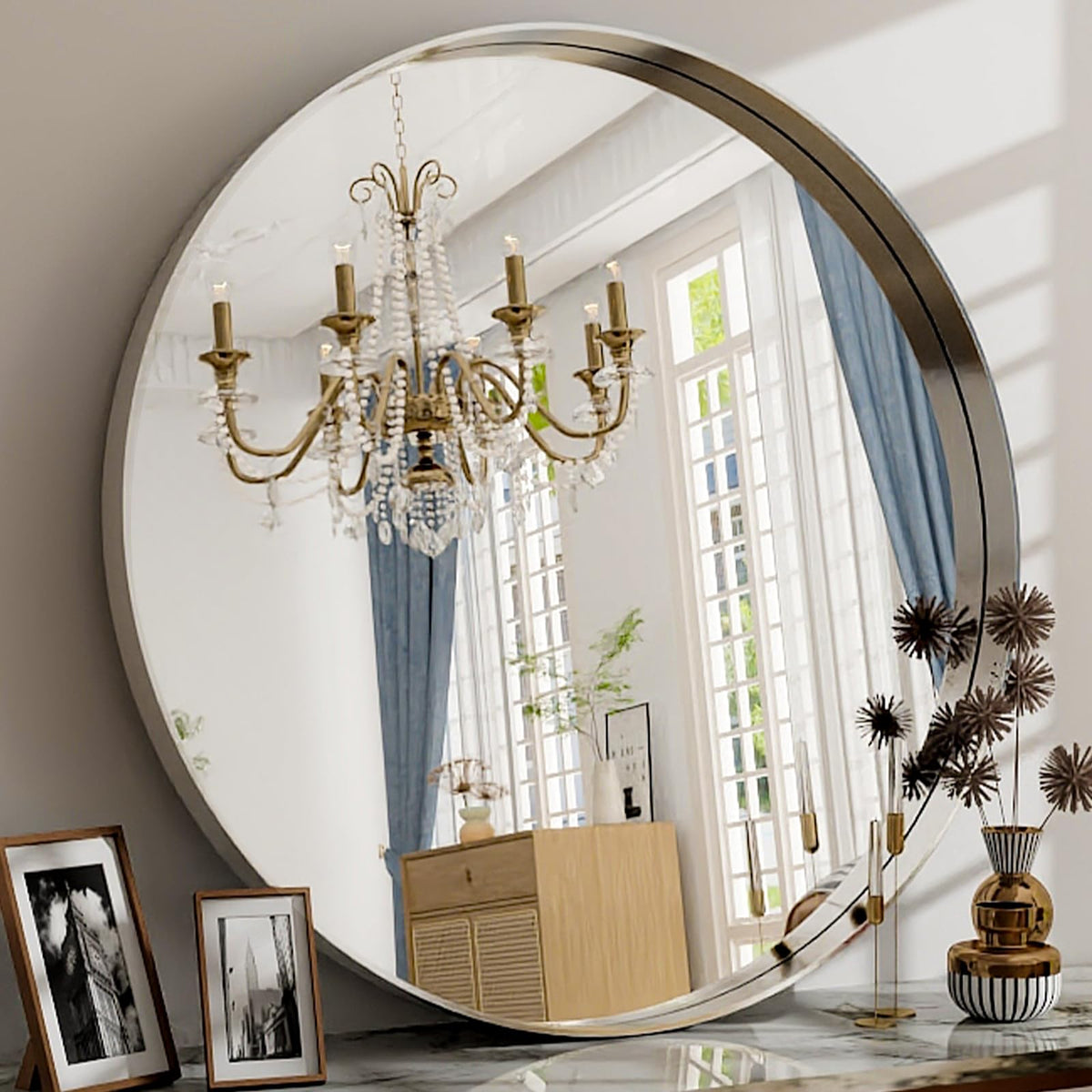 42 Inch Round Bathroom Mirror - Black Wall Mounted Circle Mirror with Metal Frame, Modern Round Hanging Mirror Suitable for Bathroom, Vanity, Entryway, Living Room