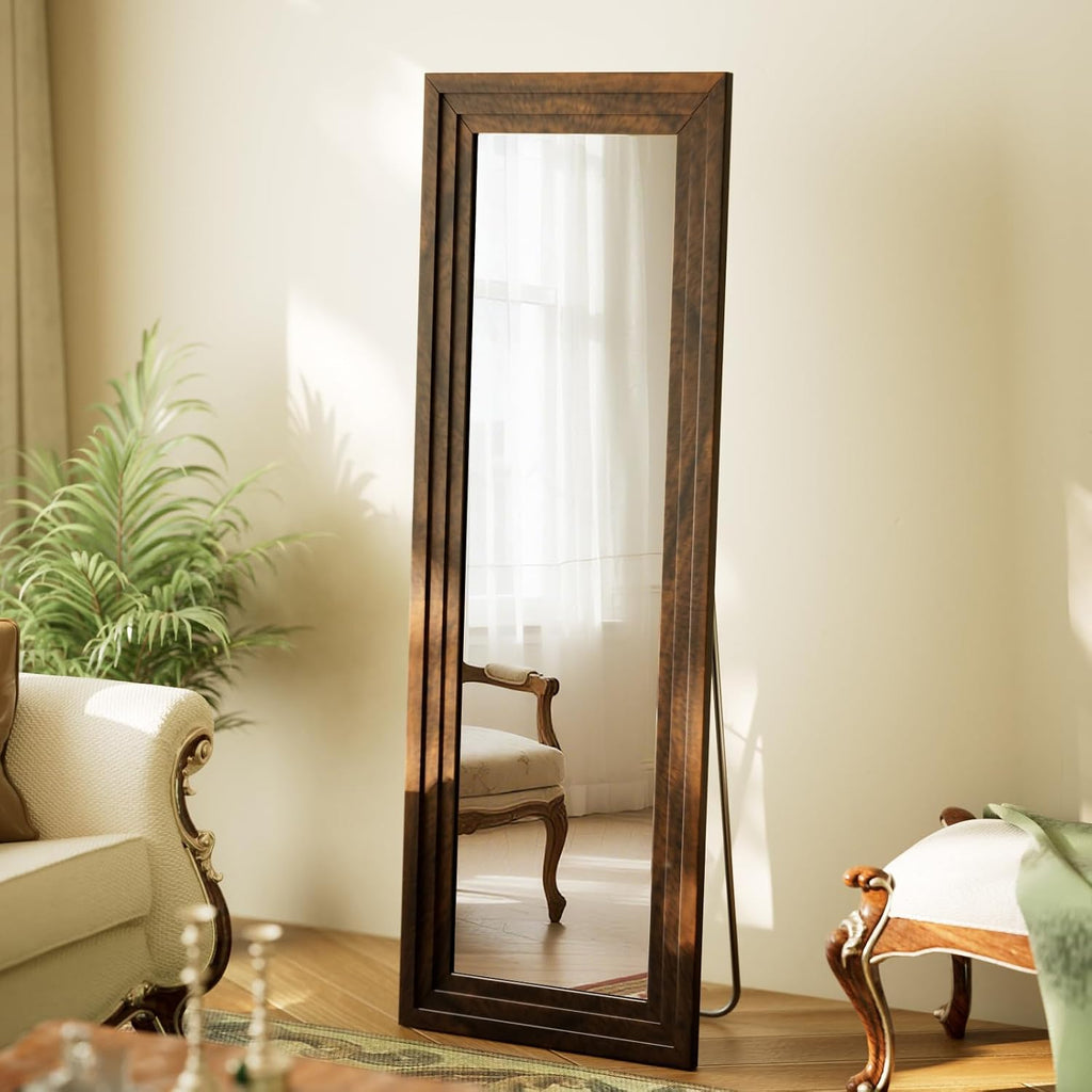 Full Length Mirror 65"X22", Walnut Large Floor Mirror with Solid Wood Frame