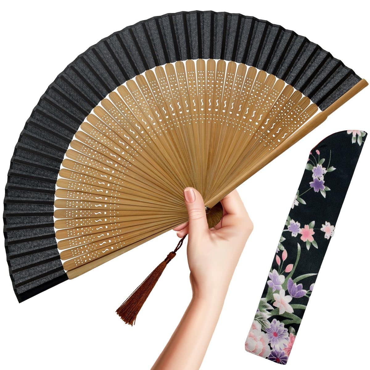 OMyTea Hand Fan Foldable for Women, Japanese Chinese Fan, Solid Black