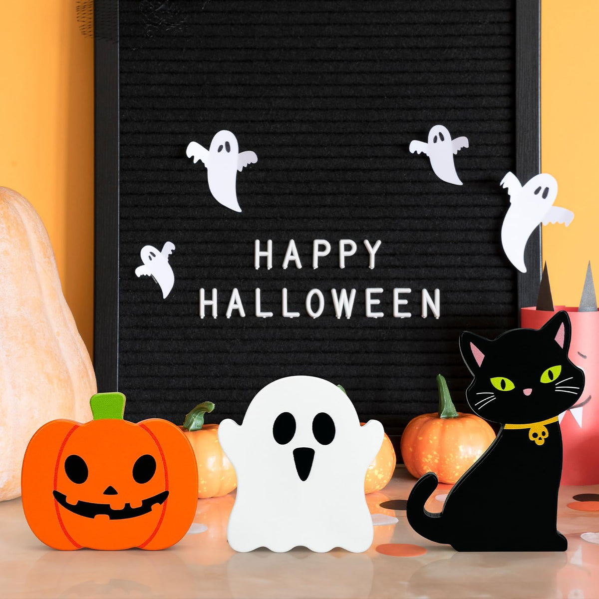 Halloween Decorations for Indoor Home 3 Pcs, Cute Wooden Pumpkin Ghost Black Cat Decor for Tabletop Tiered Tray, Halloween Centerpiece Sign for Desk Fireplace Office Shelf Farmhouse Rest Bathroom Dorm