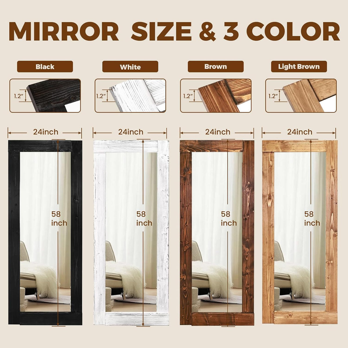58x24in Full Length Mirror, Solid Wood Convex Frame, Black