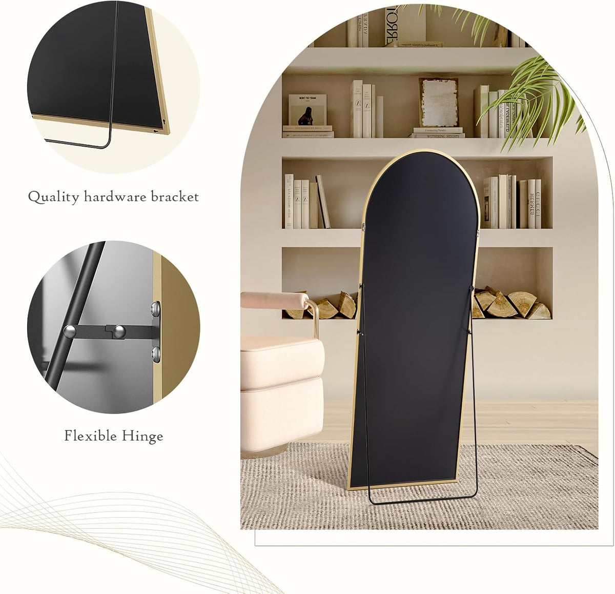 64"x21" Arched Full Length Mirror, Full Body Mirror with Leaning or Standing, Floor Standing Aluminum Frame for Bedroom, Livingroom, Cloakroom, Gold