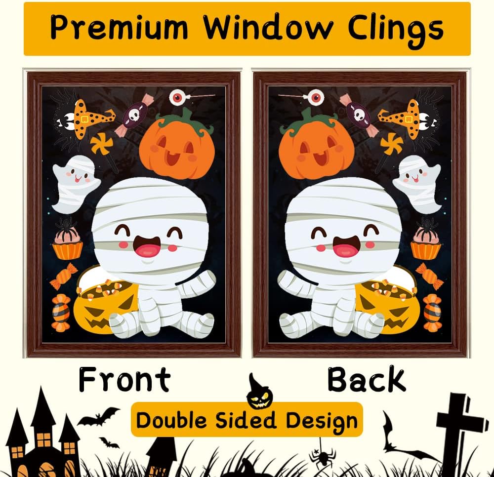 6 Sheet Window Clings - Cute Halloween Stickers and Decals for Kids - Indoor Window Decorations