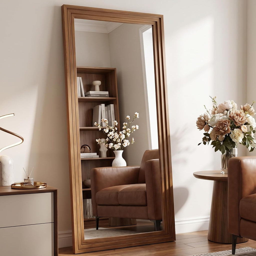 71"x32" Full Length Mirror, Large Wood Floor Mirror, Brown