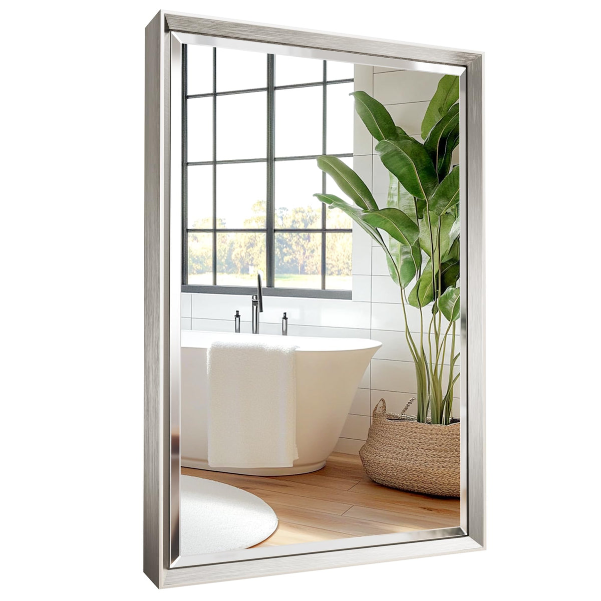 Brushed Nickel Bathroom Mirror, 24x32 Inch Beveled Framed Bathroom Mirror Anti-Rust, Brushed Nickel Metal Frame Bathroom Vanity Mirror for Wall, Vertical/Horizontal Wall-Mounted Mirrors