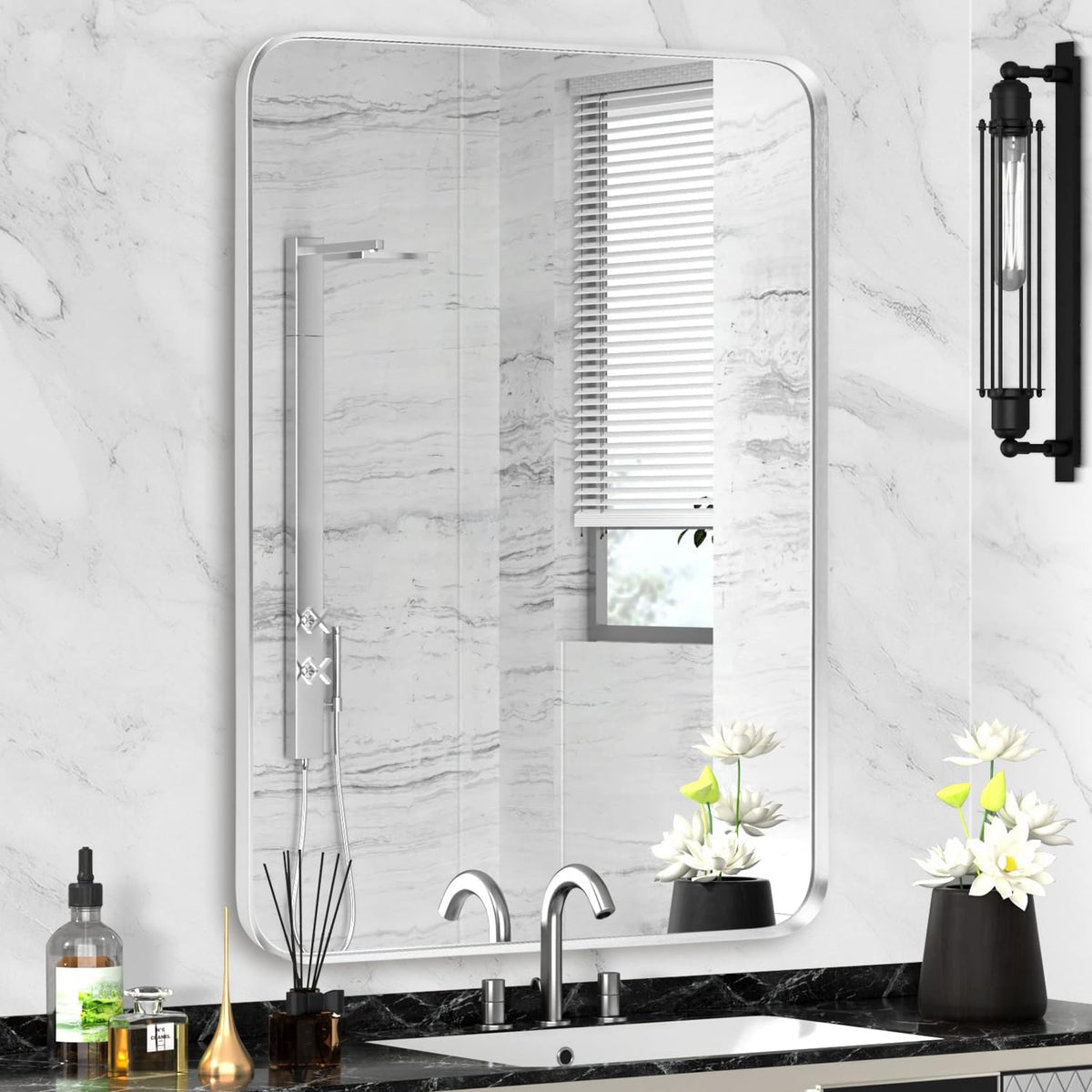 Wall Mount Mirror for Bathroom, Black Metal Framed, 24" x 36"