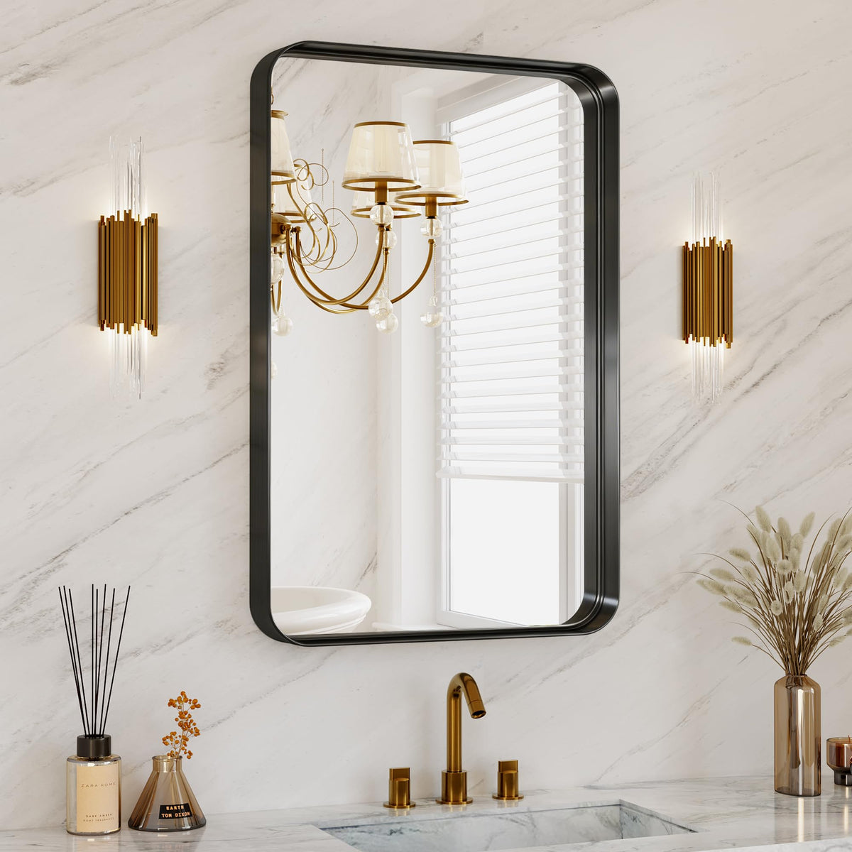 30x36 Inch Black Metal Framed Bathroom Mirror for Wall, HD Tempered Glass