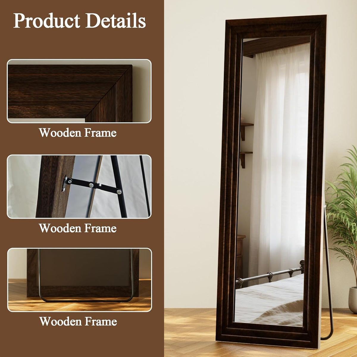 Full Length Mirror 65"X22", Walnut Large Floor Mirror with Solid Wood Frame