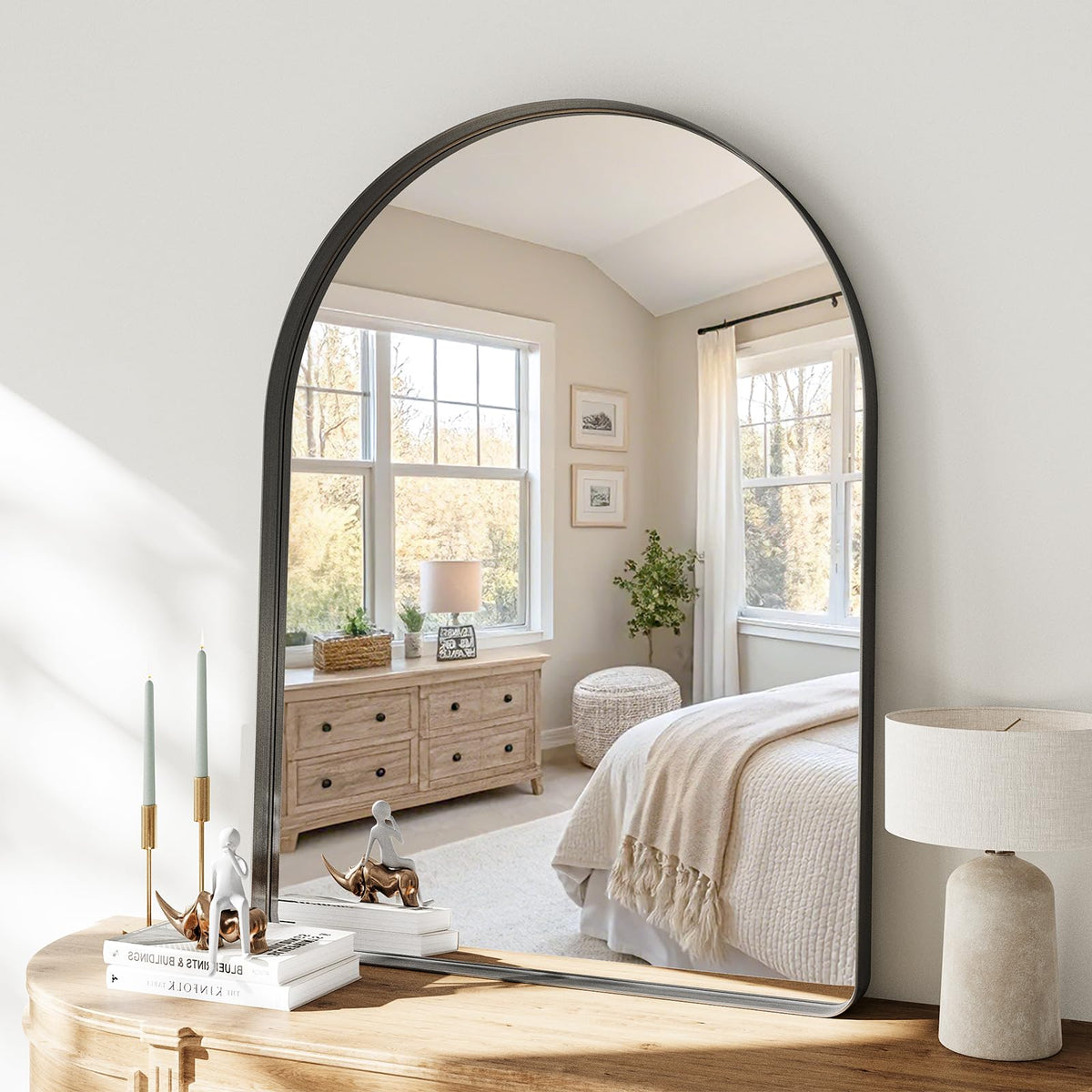 36"x24" Black Arched Mirror, Arched Wall Mirror with Metal Frame, Wall Mounted Large Arched Mirror for Living Room, Restroom, Entryway, Tempered Glass, Modern Home Decor