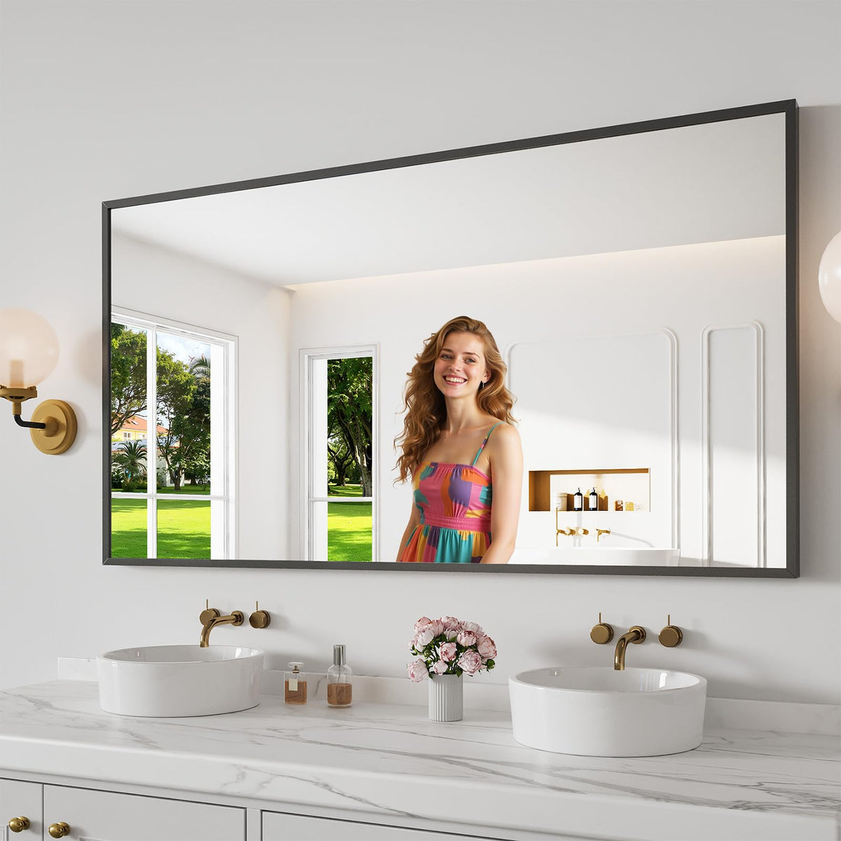 Bathroom Mirror 30"x50" Matte Black Rectangle Bathroom Wall Mirror for Over Sink, Modern Large Vanity Mirror, HD Tempered Glass, Anti-Rust Aluminum Alloy Frame, for Living Room, Bedroom, Entryway