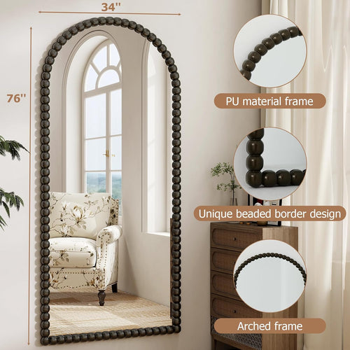 34"x76" Arched Full Length Mirror, Vintage Beaded Decorative