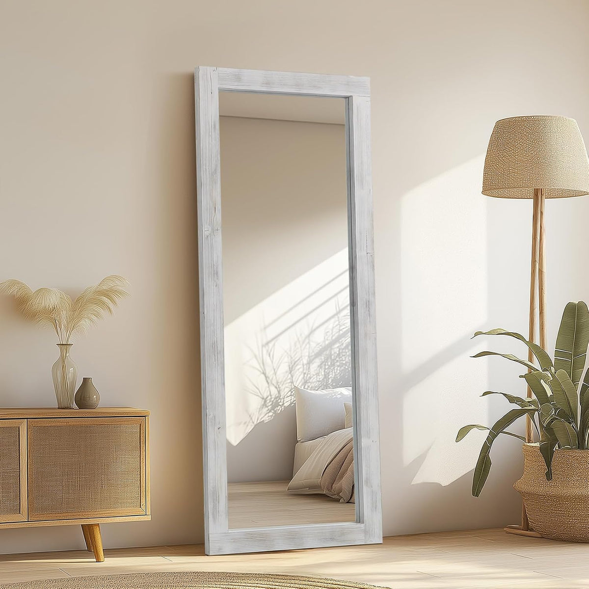 MirrMuse Rustic Floor Full Length Mirror Wood Frame, 56"x21" White Mirror