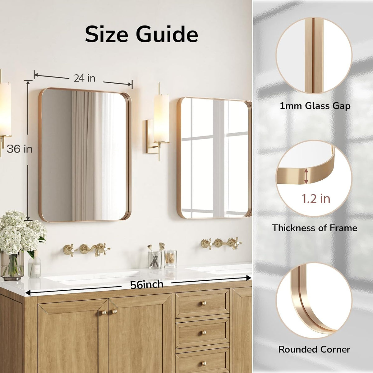 USHOWER Gold Bathroom Mirrors for Over Sink 24"x36" 2 Pack