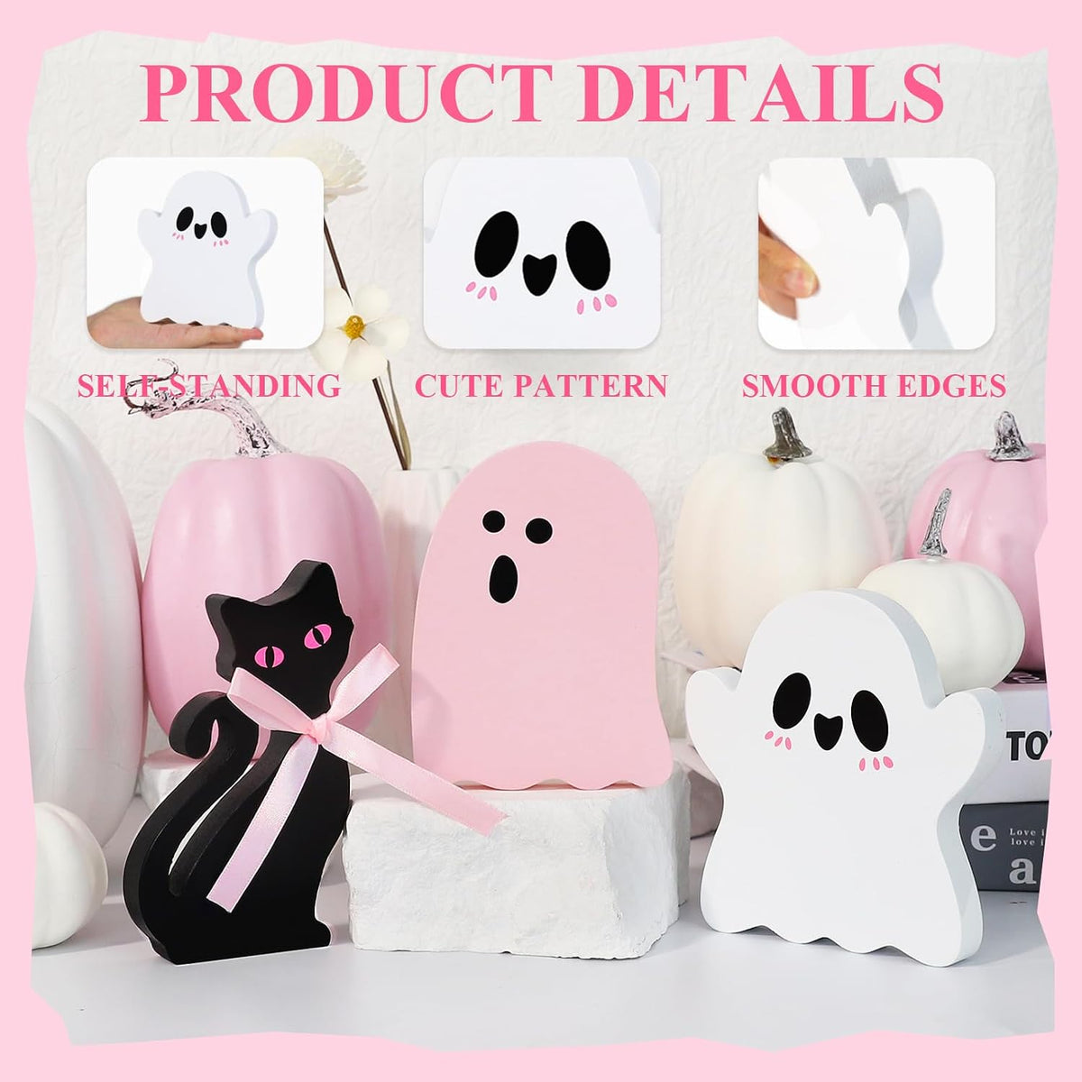 3Pcs Pink Cute Halloween Decor, Pink Ghost Decor Pastel Halloween Tiered Tray Decorations Indoor Ghost Cat Wooden Decors for Office Home Decoration