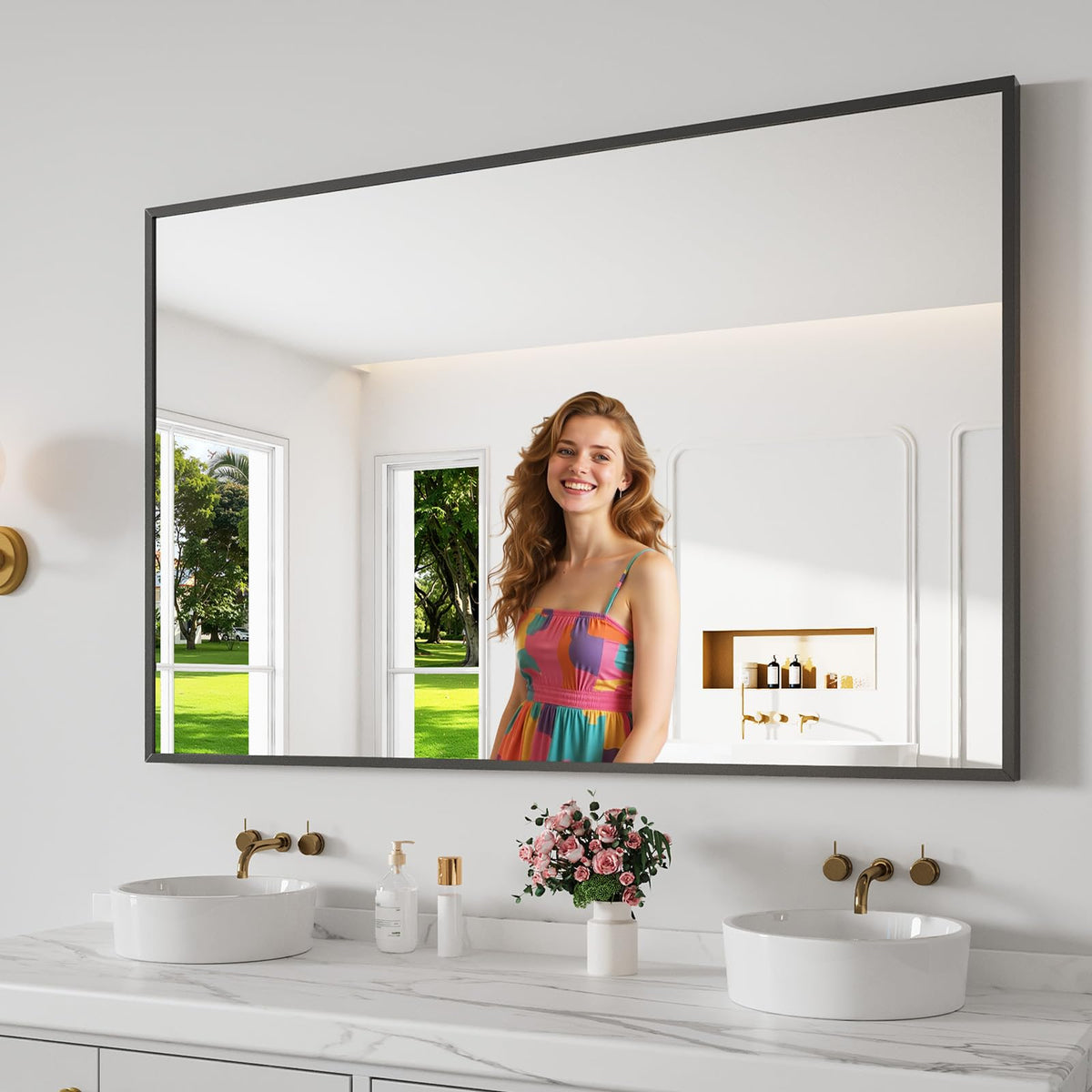 Bathroom Mirror 30"x50" Matte Black Rectangle Bathroom Wall Mirror for Over Sink, Modern Large Vanity Mirror, HD Tempered Glass, Anti-Rust Aluminum Alloy Frame, for Living Room, Bedroom, Entryway