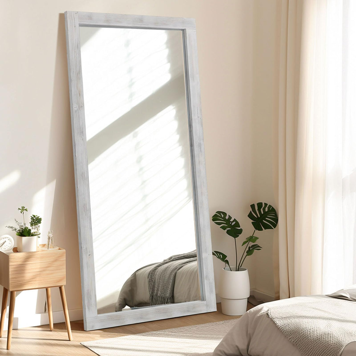 MirrMuse Rustic Floor Full Length Mirror Wood Frame, 56"x21" White Mirror