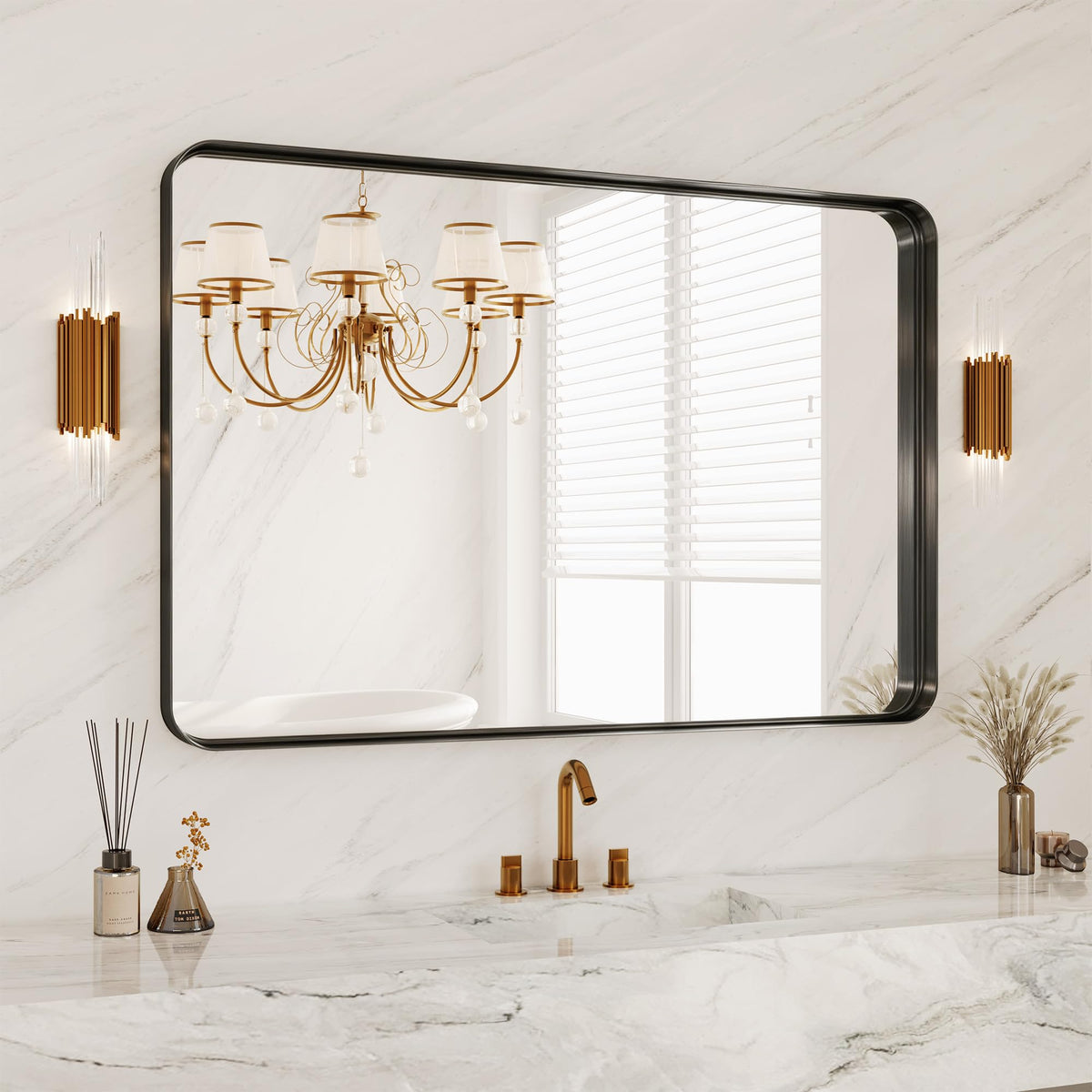 30x36 Inch Black Metal Framed Bathroom Mirror for Wall, HD Tempered Glass