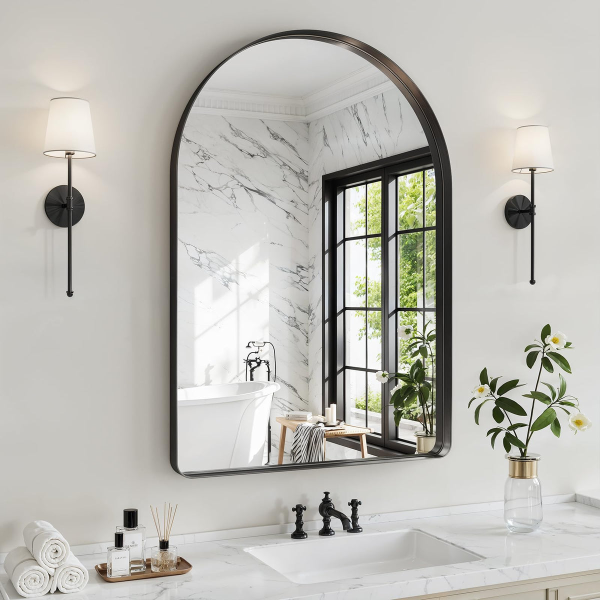 36"x24" Black Arched Mirror, Arched Wall Mirror with Metal Frame, Wall Mounted Large Arched Mirror for Living Room, Restroom, Entryway, Tempered Glass, Modern Home Decor