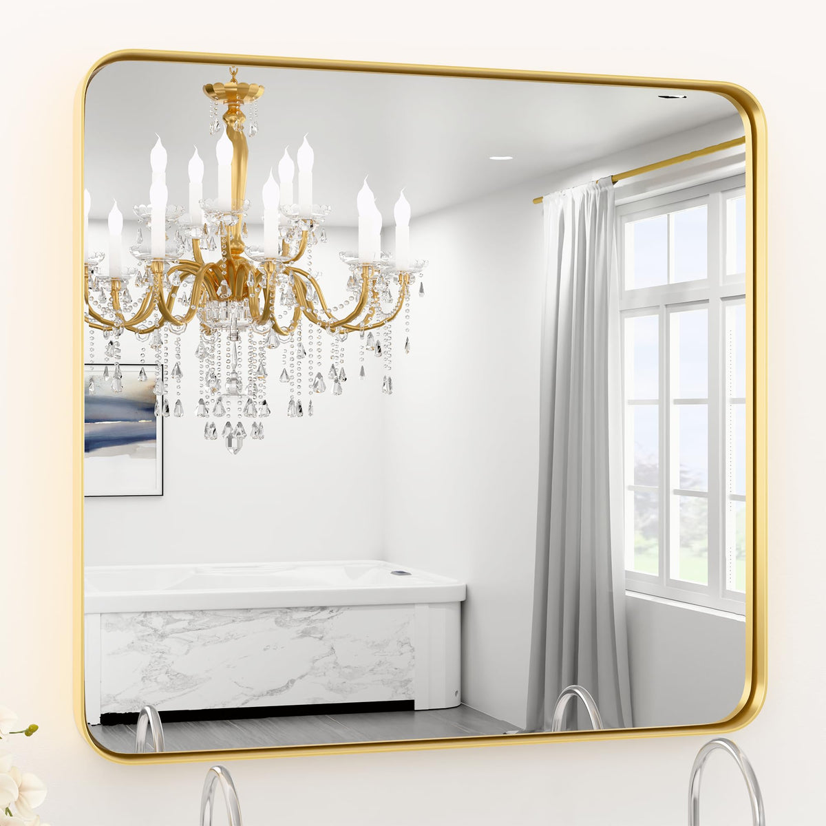 Black Bathroom Mirror 24 x 28 in Vanity Mirror,Metal Frame Wall Mirror,Farmhouse Rectangle Mirror, Bathroom Mirrors for Over Sink,Horizontal or Vertical Hanging