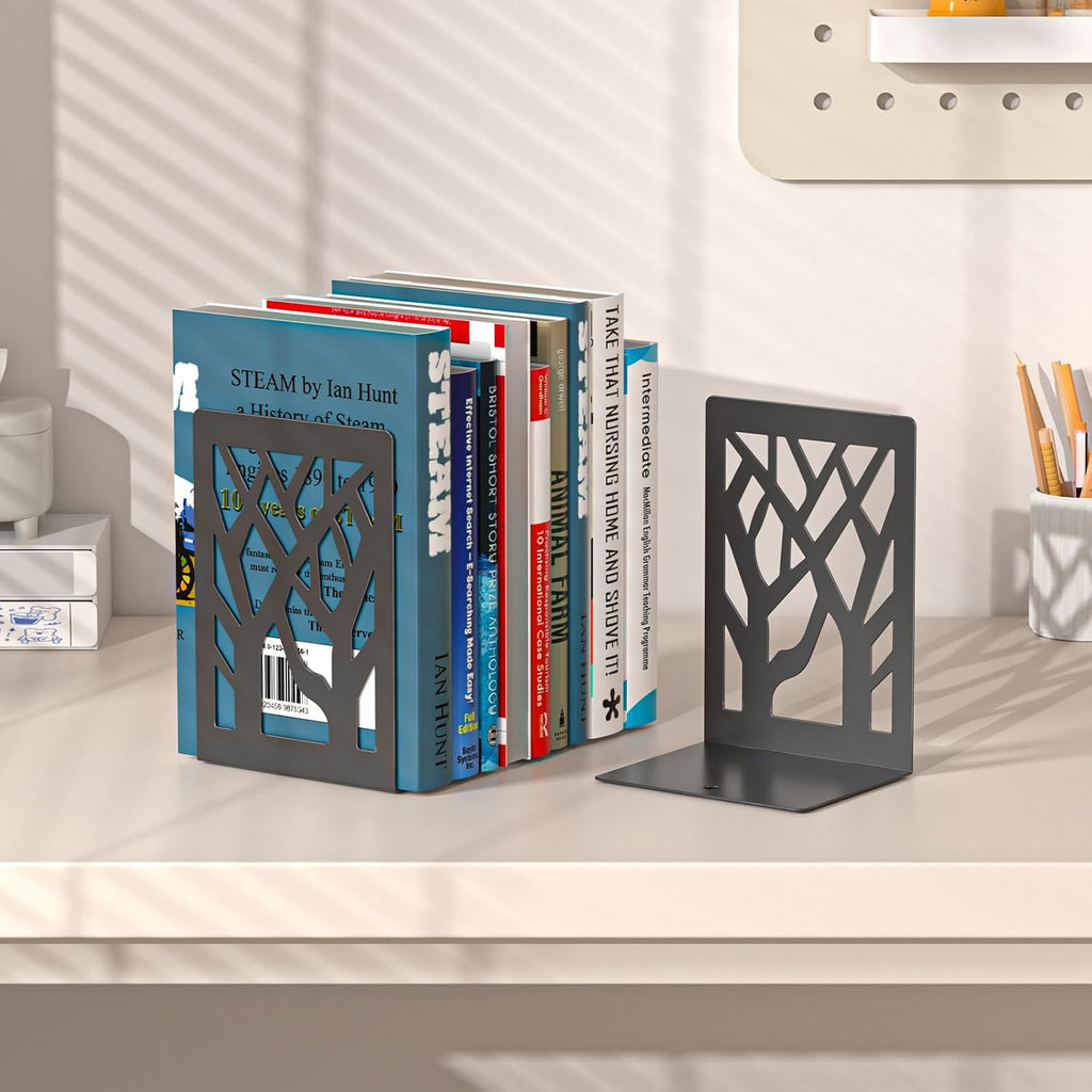 VFINE 4-Piece Modern Metal Bookends for Shelves, Black Tree Book Ends for Books, Decorative Book Organizer for Desk, Non-Skid Shelve Bookends for Home Office