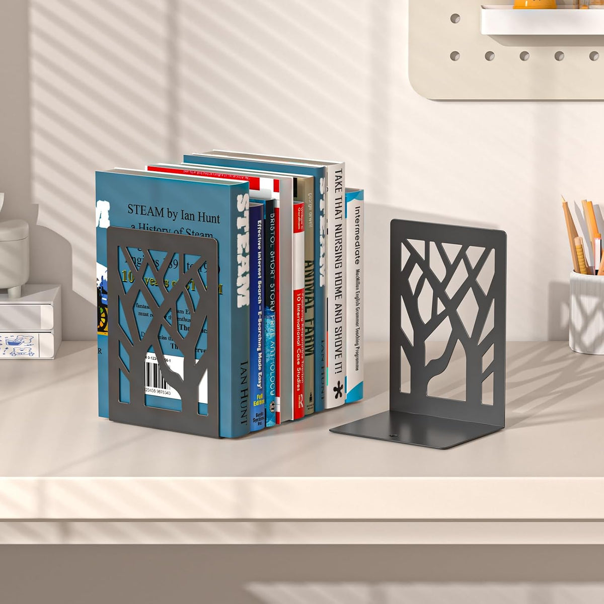 VFINE 4-Piece Modern Metal Bookends for Shelves, Black Tree Book Ends for Books, Decorative Book Organizer for Desk, Non-Skid Shelve Bookends for Home Office